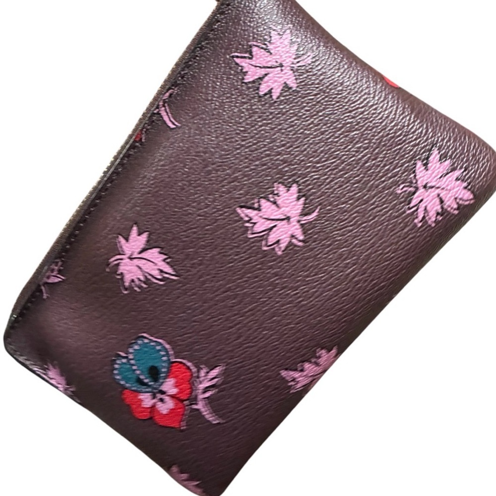Coach Floral Print Leather Wristlet in Plum with Pink Accents - Picture 8 of 11